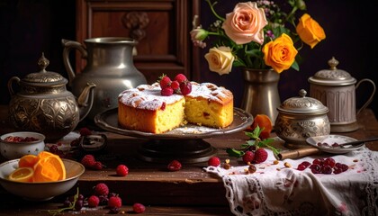 Fototapeta premium Delicious Raspberry Cake with Vintage Tea Set