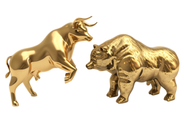 two golden statues of a bull and a bear in mid mot isolated on white background, png, ai generated