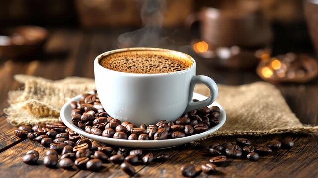 Aromatic Brew: A steaming cup of rich, dark coffee, its inviting aroma wafting upwards, rests on a bed of roasted beans, exuding warmth and comfort. The image is set on a wooden surface.