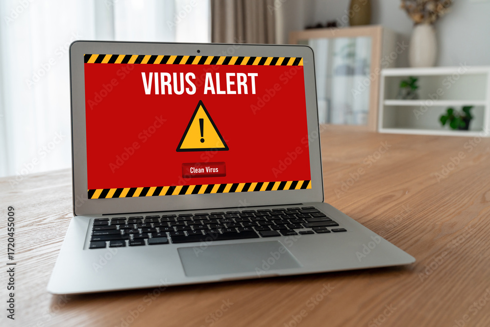 Aufkleber virus warning alert on computer screen detected modish cyber threat , hacker, computer virus and mal