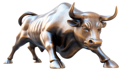 a bronze wall street bull statue isolated on white background, png, ai generated