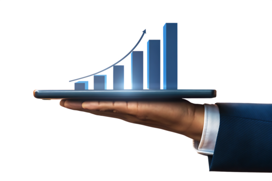 a businessperson s hand holding a tablet displaying isolated on white background, png, ai generated