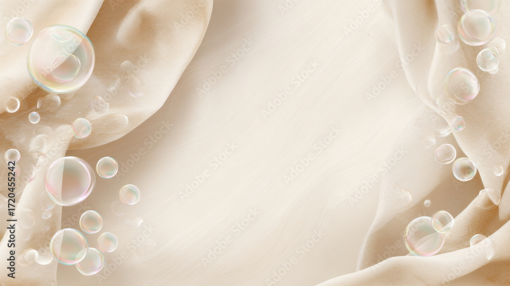 Poster soft fabric drapes create elegant background, adorned with delicate bubbles that add whimsical touch