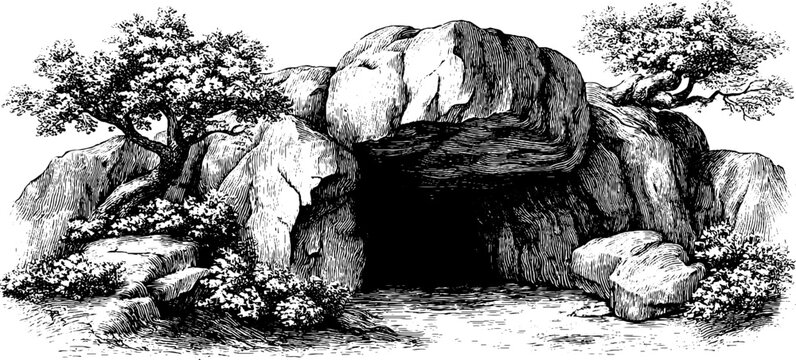 Mysterious cave entrance surrounded by rocky landscape and trees in vintage hand-drawn style