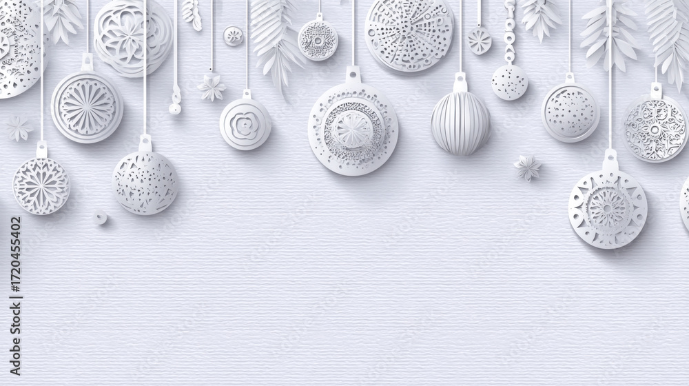 Poster elegant white ornaments hang against soft textured background, creating serene and festive atmospher