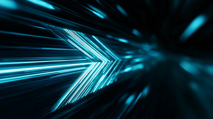 Dynamic arrow shape composed of glowing lines against a dark background, representing speed and direction. The lines converge, emphasizing forward movement and technological advancement