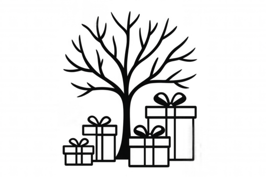 Christmas tree silhouette with gift boxes celebrating winter holiday, symbolizing giving and festive season on transparent background