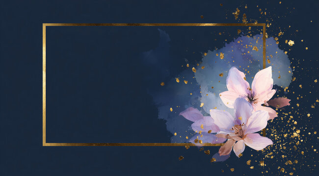Elegant Floral Arrangement with a Gold Frame and Watercolor Accents. The image features delicate pink flowers with a gold frame on a rich, dark blue background.