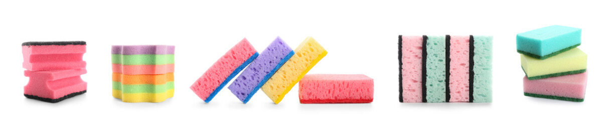 Set of housework sponges on white background