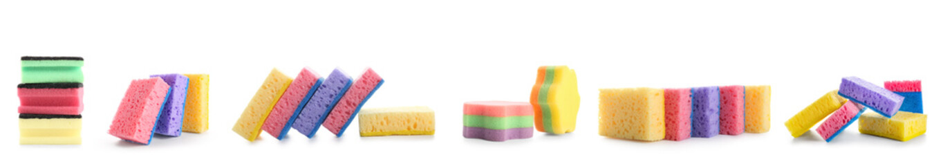 Set of housework sponges on white background