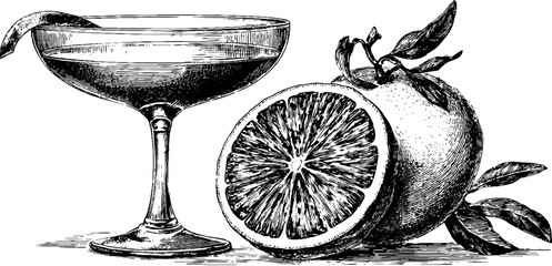 Vintage cocktail illustration with orange slice garnish for retro design and decoration