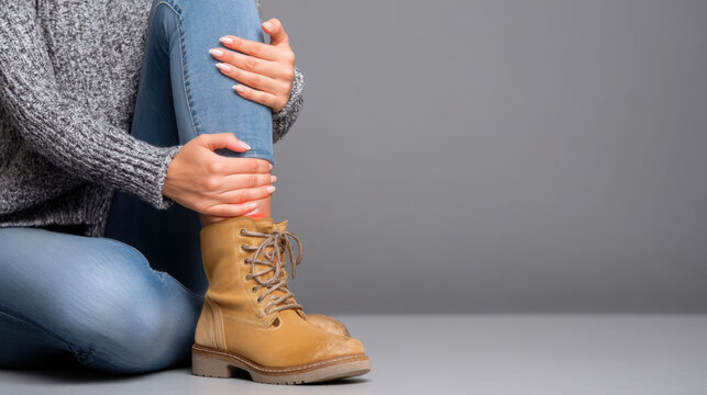 Person is sitting on floor, holding their ankle in discomfort, wearing cozy sweater and blue jeans, paired with brown lace up boots. expression conveys concern about potential injury