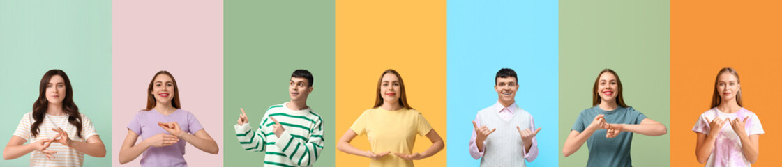 Set of deaf mute people using sign language on color background