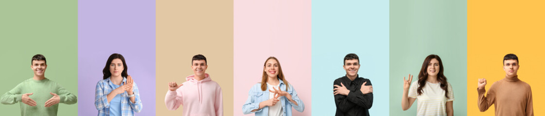Set of deaf mute people using sign language on color background