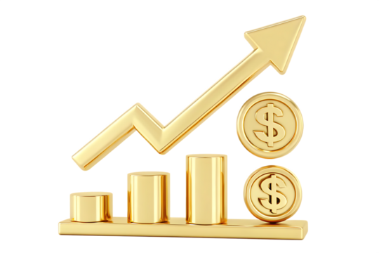 golden growth trajectory gleaming golden arrow isolated on white background, png, ai generated