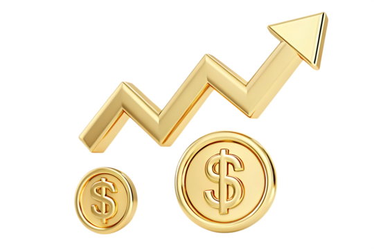 golden growth trajectory gleaming golden arrow isolated on white background, png, ai generated