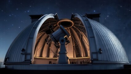 Open observatory dome with telescope under starry sky
