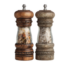 Wooden salt and pepper grinders filled with coarse sea salt and peppercorns. background removed