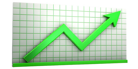 green arrow graph rising upward on grid isolated on white background, png, ai generated
