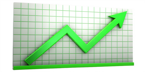 green arrow graph rising upward on grid isolated on white background, png, ai generated