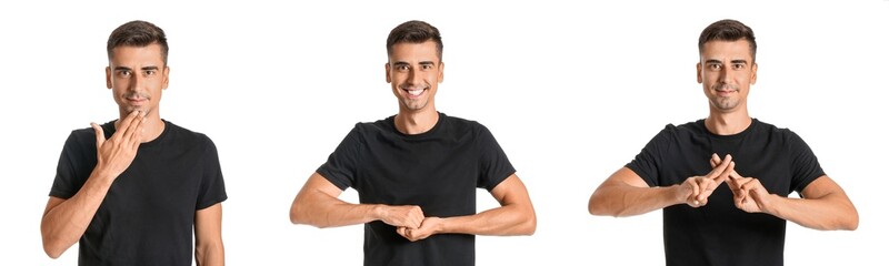 Obraz premium Set of deaf mute man using sign language on white background