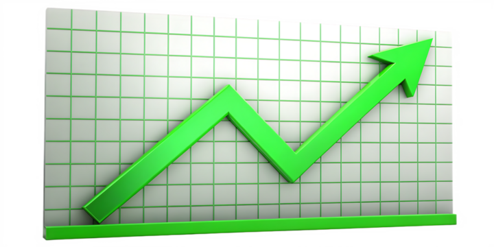 green arrow graph rising upward on grid isolated on white background, png, ai generated