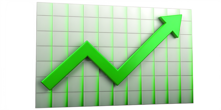 green arrow graph rising upward on grid isolated on white background, png, ai generated