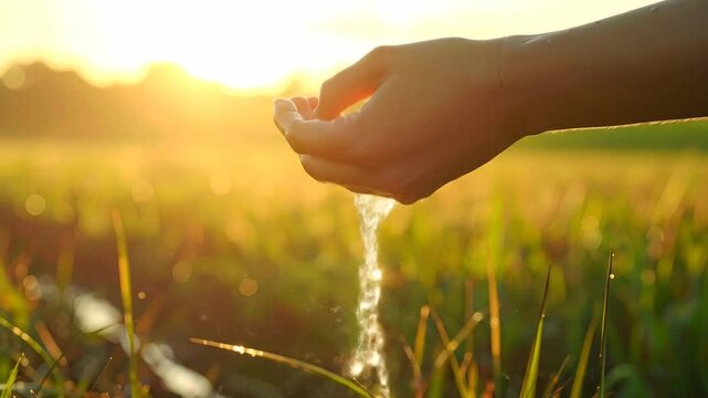 Sunlit hand cupping water, flowing into the verdant field on a beautiful sunny day