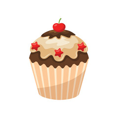 A cartoon cupcake with frosting cherry and star decorations