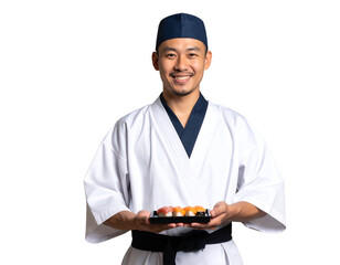 A skilled chef proudly presents a beautifully arranged platter of sushi, showcasing culinary artistry and tradition.