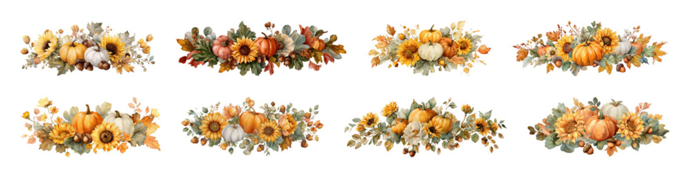 PNG Autumn floral pumpkin arrangements, element set on transparent background