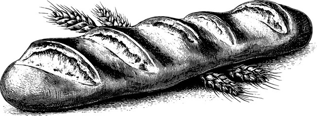 Vintage hand drawn illustration of french baguette long loaf with engraved detail for bakery design