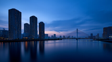 Naklejka premium ブルーアワーに佇む海沿い都市景観の広がり遠景描写図