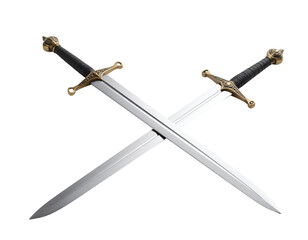 Two intricately designed swords crossed in an artistic display, showcasing craftsmanship and historical significance.