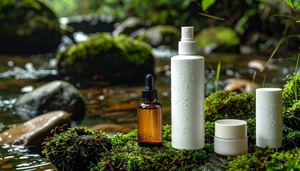 Natural Skincare Products by a Forest Stream
