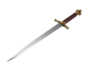 A beautifully crafted sword featuring a sleek blade and an intricately designed hilt with golden accents.