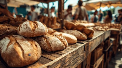 Rustic wooden stall at an openair market selling artisan bread the warm loaves detailed sharply while shoppers fade into bokeh.