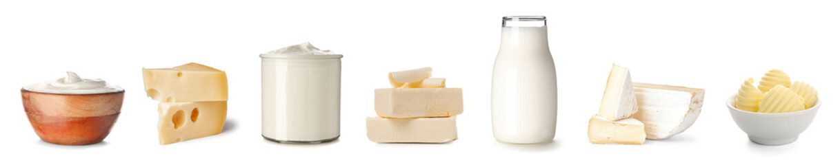 Set of different dairy products on white background