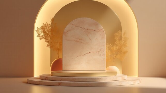 A minimalist interior scene featuring a marble archway with soft lighting. Decorative elements include a circular object and foliage in warm tones.