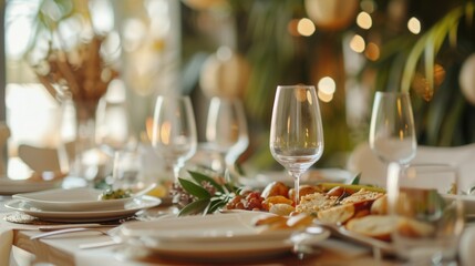 A beautifully set dining table with elegant glassware, plates, and a variety of dishes. Soft lighting creates a warm atmosphere, perfect for gatherings.