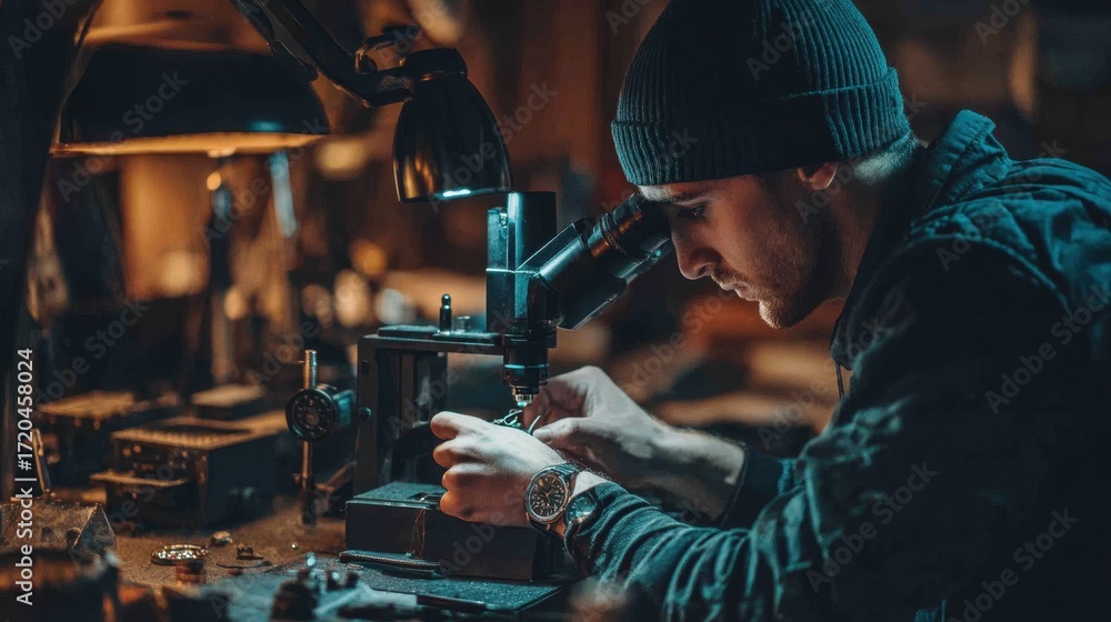 Poster focused view of a clasp being meticulously adjusted by a professional at a portable jewelry maintena