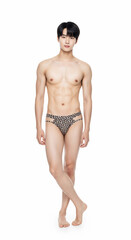 Stylish young Asian man in leopard print thong underwear, standing confidently against a clean white background, showcasing modern men's fashion and physique.