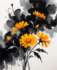 Obraz premium Vibrant marigold flowers against a bold black background, showcasing beauty and artistic expression