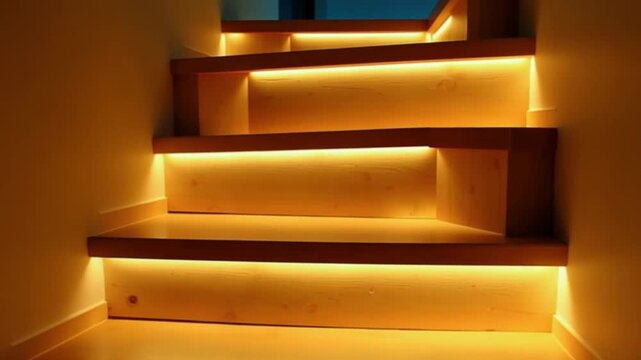 Illuminated wooden stairs. Warm LED strip lights highlight steps. Concept modern housing, interior design, home renovation, real estate, and stylish architecture