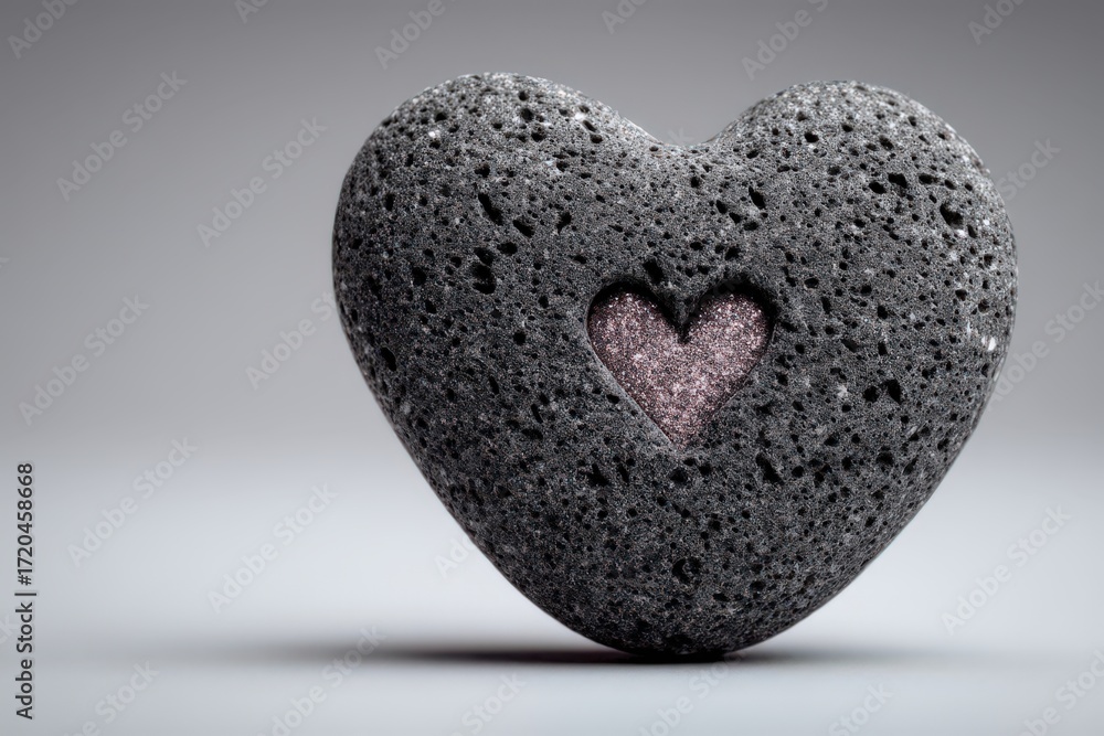 Aufkleber Heart-shaped volcanic rock showcasing a beautiful sparkling inner core symbolizing resilience and love captured in minimalistic elegance against a soft gradient backdrop