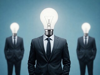 A business concept image featuring figures in suits with glowing light bulbs instead of heads, symbolizing ideas, innovation, and leadership.
