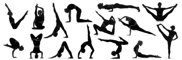 Many silhouettes of young woman practicing yoga on white background
