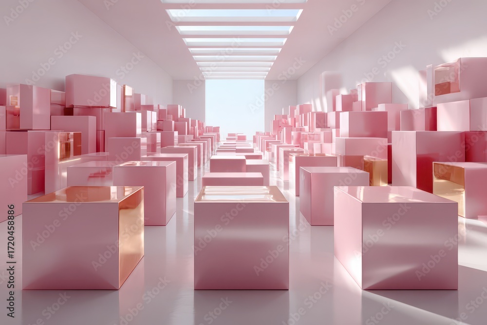 Poster a minimalist abstract 3d render of pink and gold cubes in a hallway, with soft lighting, creating a 