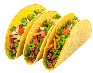 Three delicious tacos filled with fresh ingredients, including lettuce, cheese, and seasoned beef on a white background.