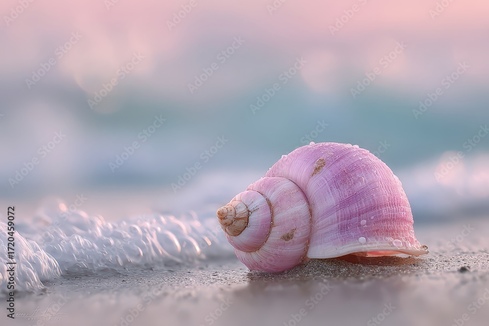 Poster a delicate pink seashell resting on the sandy beach with soft waves in the background, creating a se